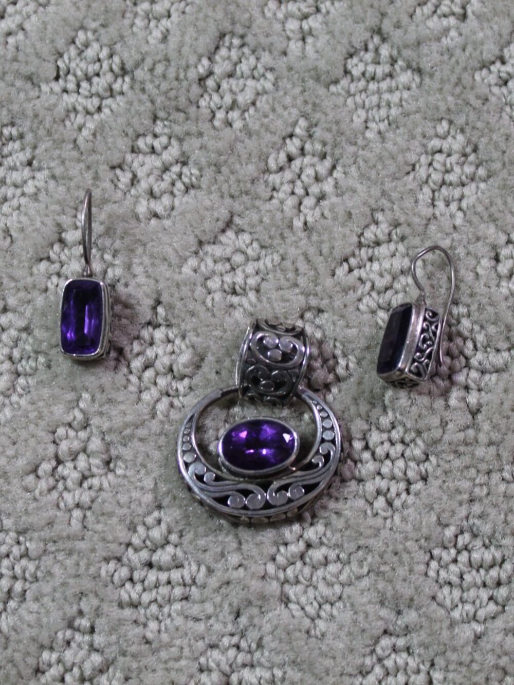 Sterling Silver Amethyst Artisan Scrollwork Earring/Pendant Set 22.68g